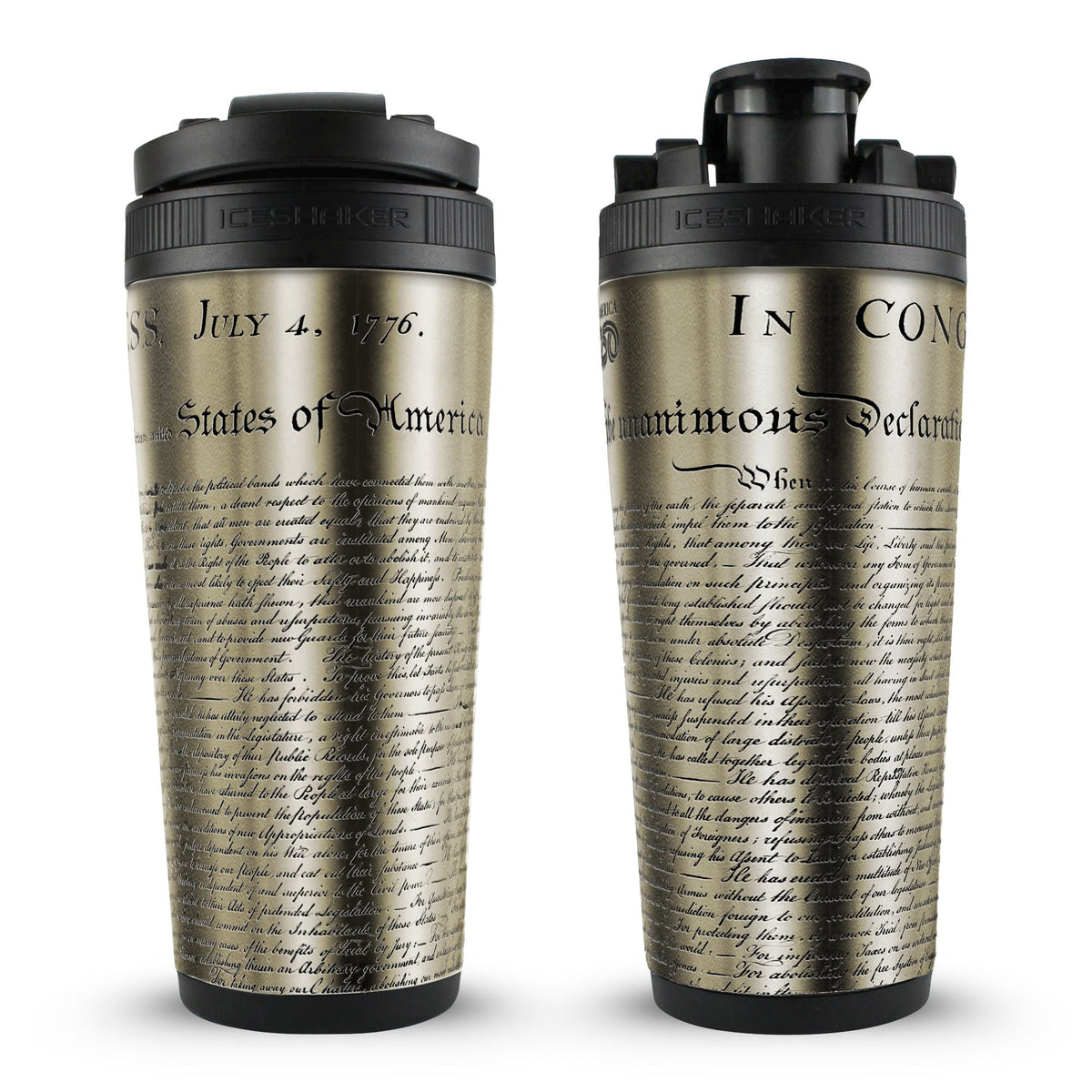 26oz stainless steel Ice Shaker bottle featuring a gold finish with the Declaration of Independence text and black lid.