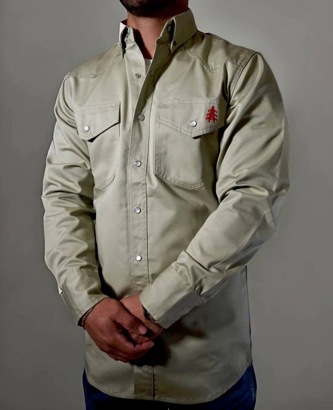 Static FR Flame-Resistant Western Style Pearl Snap Work Shirt - Khaki