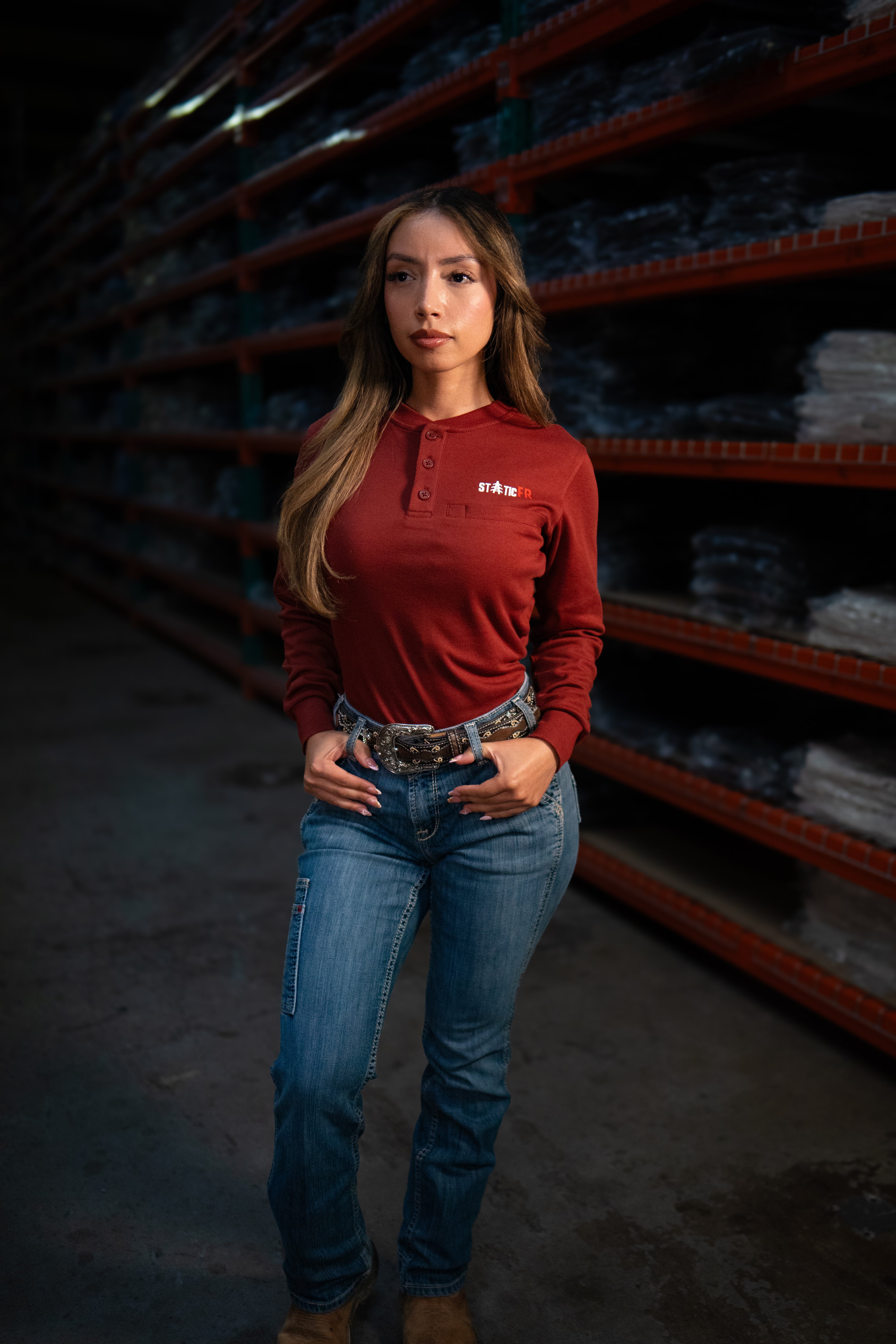 Static FR Women's Flame-Resistant 3-Button Henley Work Shirt - Wine Red