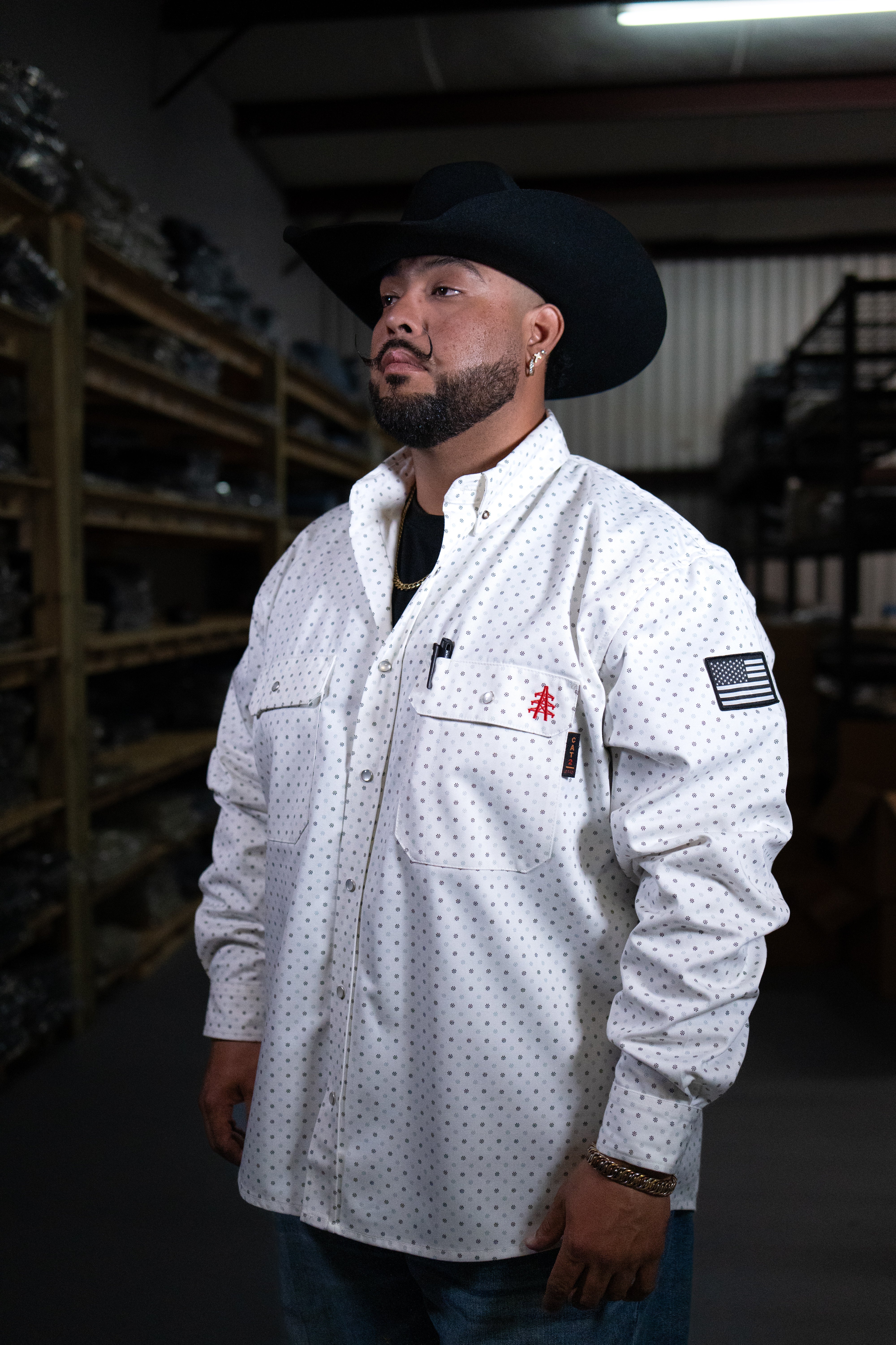 Static FR Flame-Resistant Pearl Snap Work Shirt - Phantom White - With U.S Flag