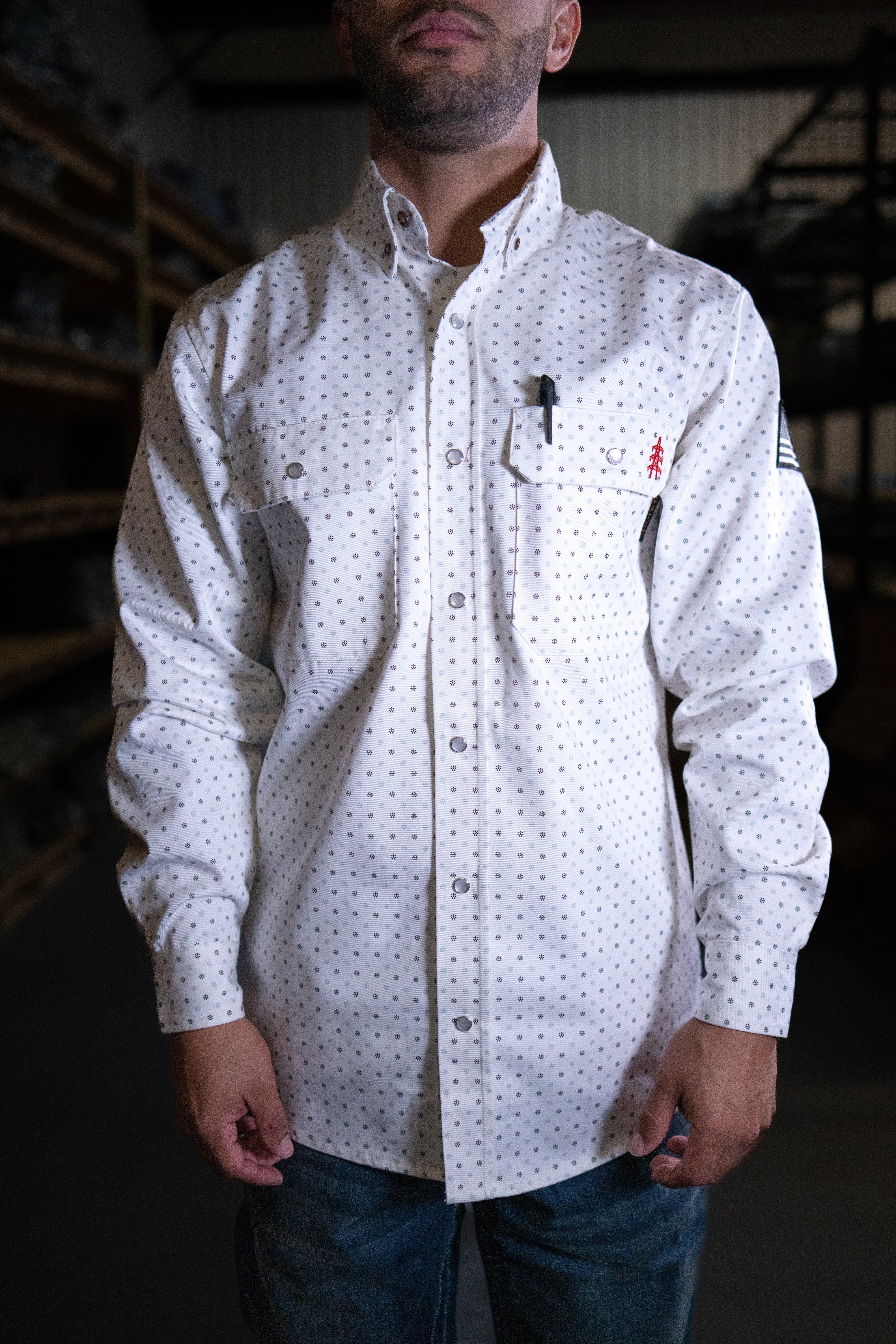 Static FR Flame-Resistant Pearl Snap Work Shirt - Phantom White - With U.S Flag
