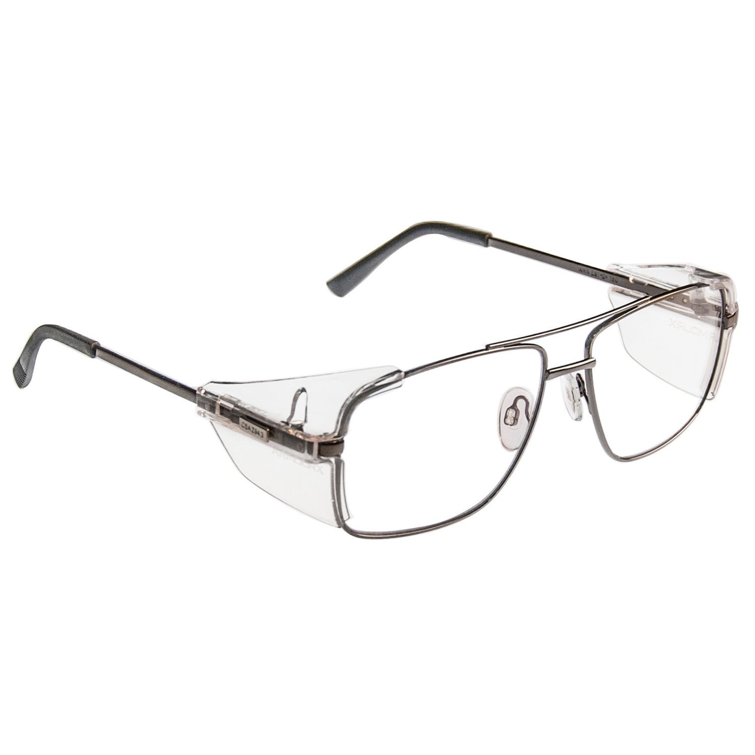ArmouRx 3000P prescription safety glasses, gunmetal metal frame, engineer style, permanent clear side shields.