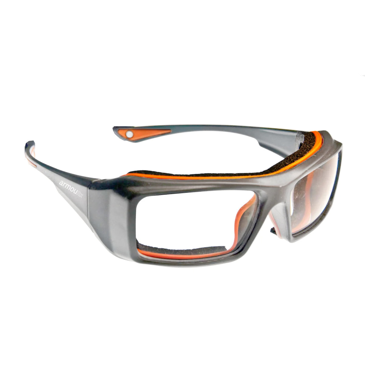 ArmouRx 6006 gray plastic prescription safety glasses with orange accents, wraparound design, and foam gasket.