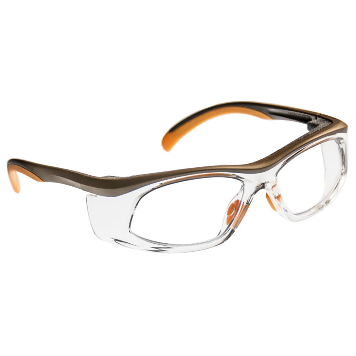 ArmouRx 4000 prescription safety glasses, orange/brown plastic frame, wraparound with integrated side shields.