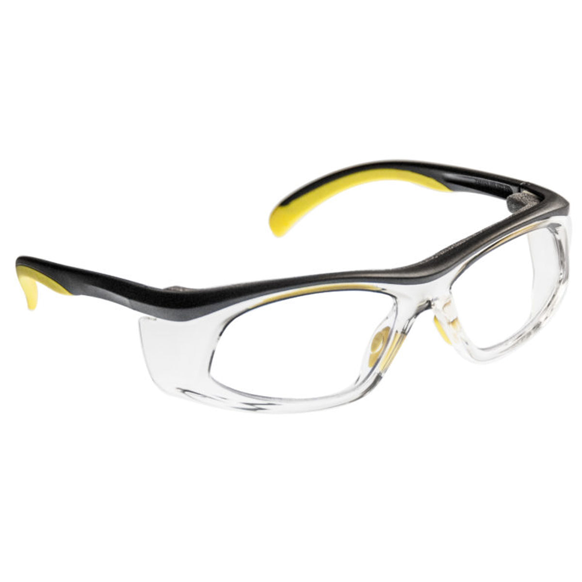 ArmouRx 4000 prescription safety glasses with yellow/black plastic wraparound frame and integrated side shields.