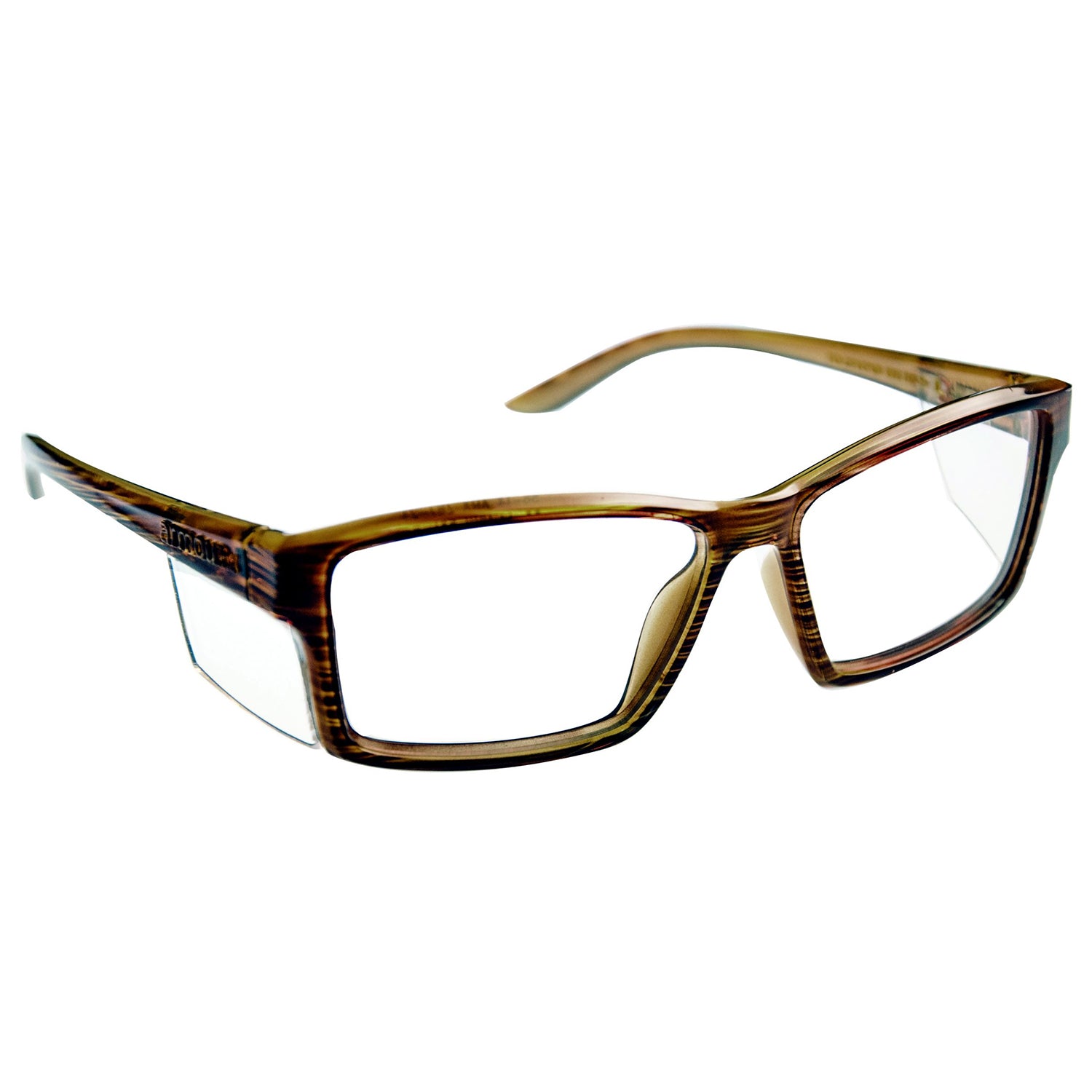 ArmouRx 5006 brown plastic full-rim wraparound prescription safety glasses with clear side shields.
