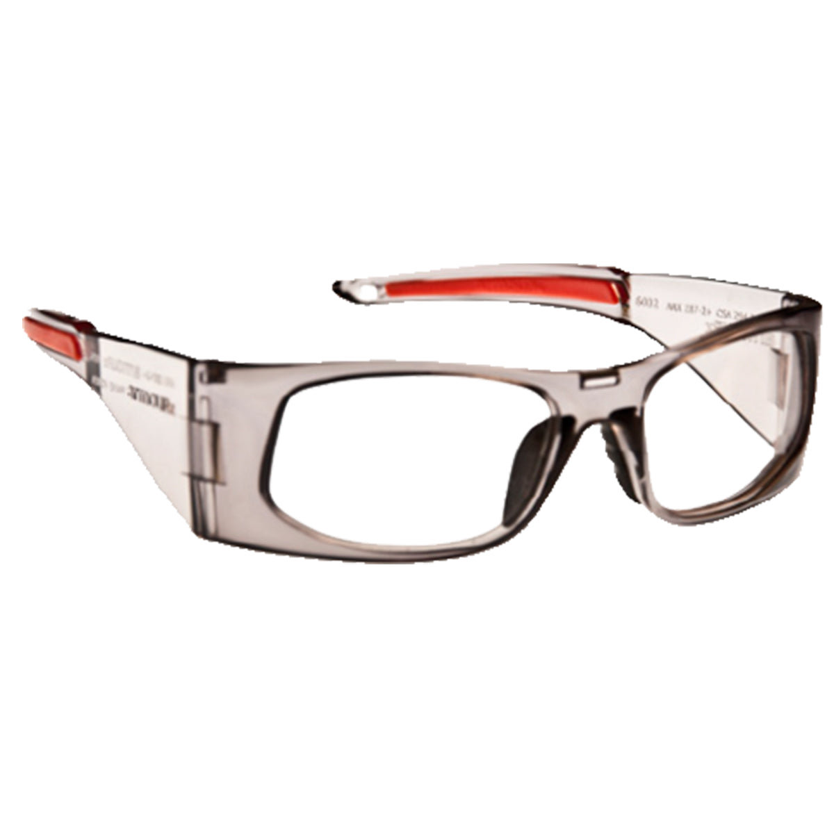 Gray ArmouRx 6002 full-rim plastic prescription safety glasses with clear lenses and red temple accents.