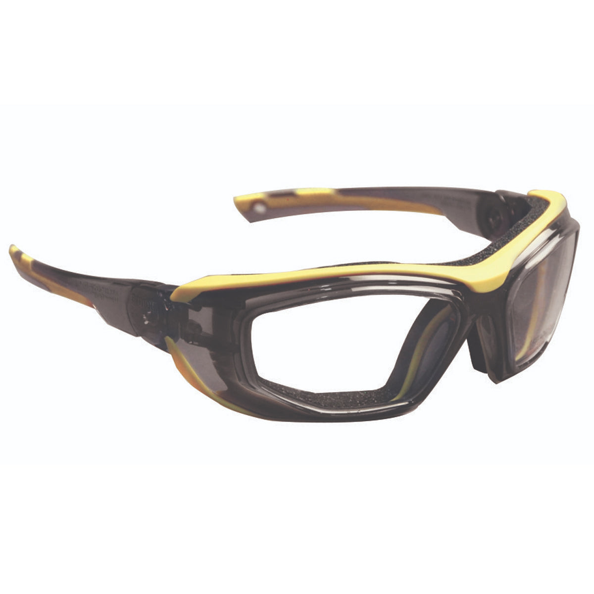 ArmouRx 6007 gray plastic wraparound prescription safety glasses with clear lenses and yellow accents.