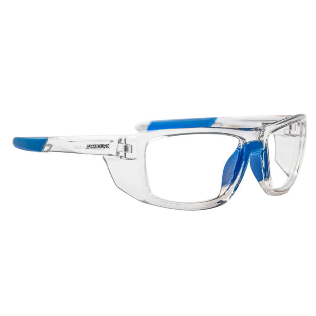 ArmouRx 6019 crystal prescription safety glasses with blue accents and integrated side protection.