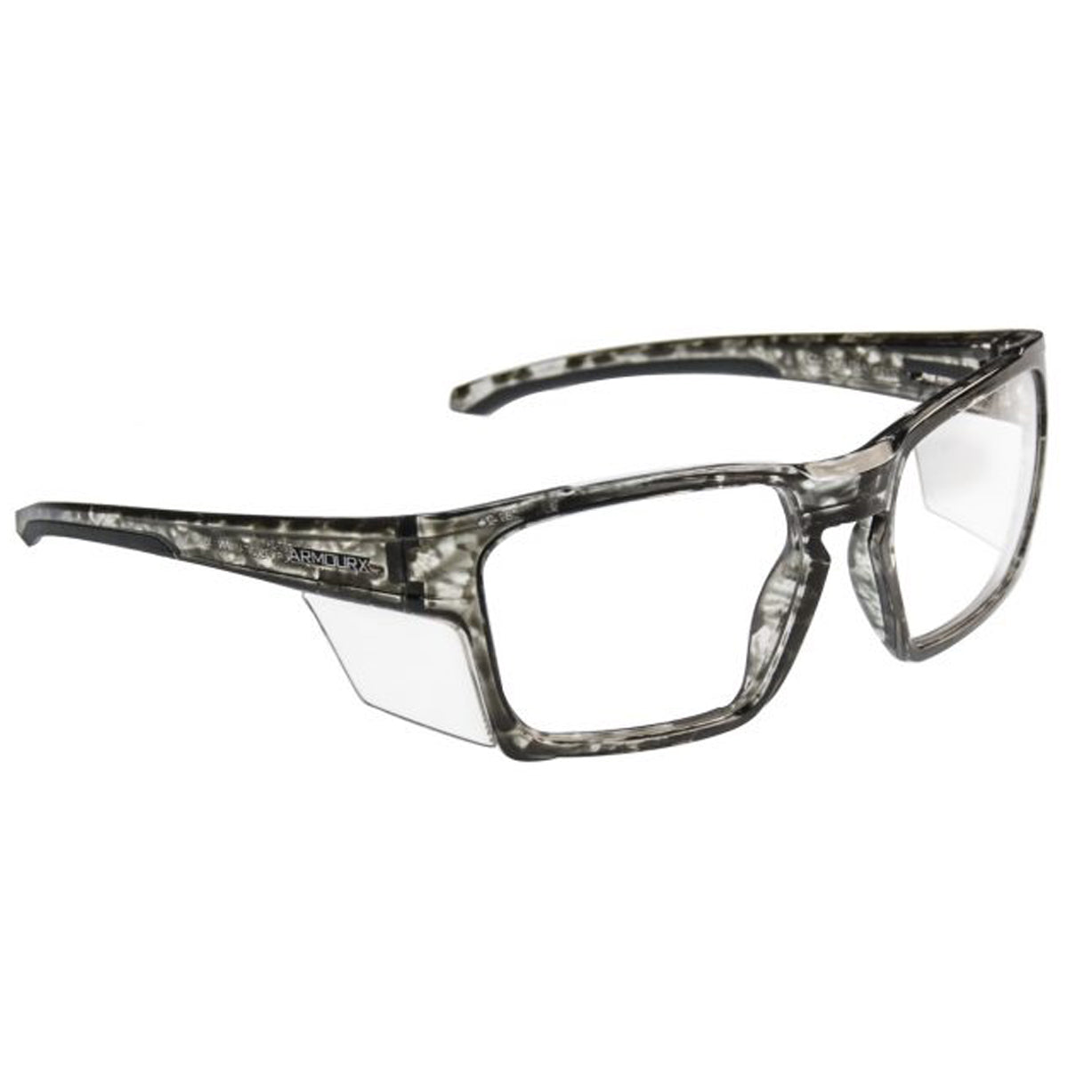 ArmouRx 7502 black plastic full-rim prescription safety glasses with clear integrated side shields.