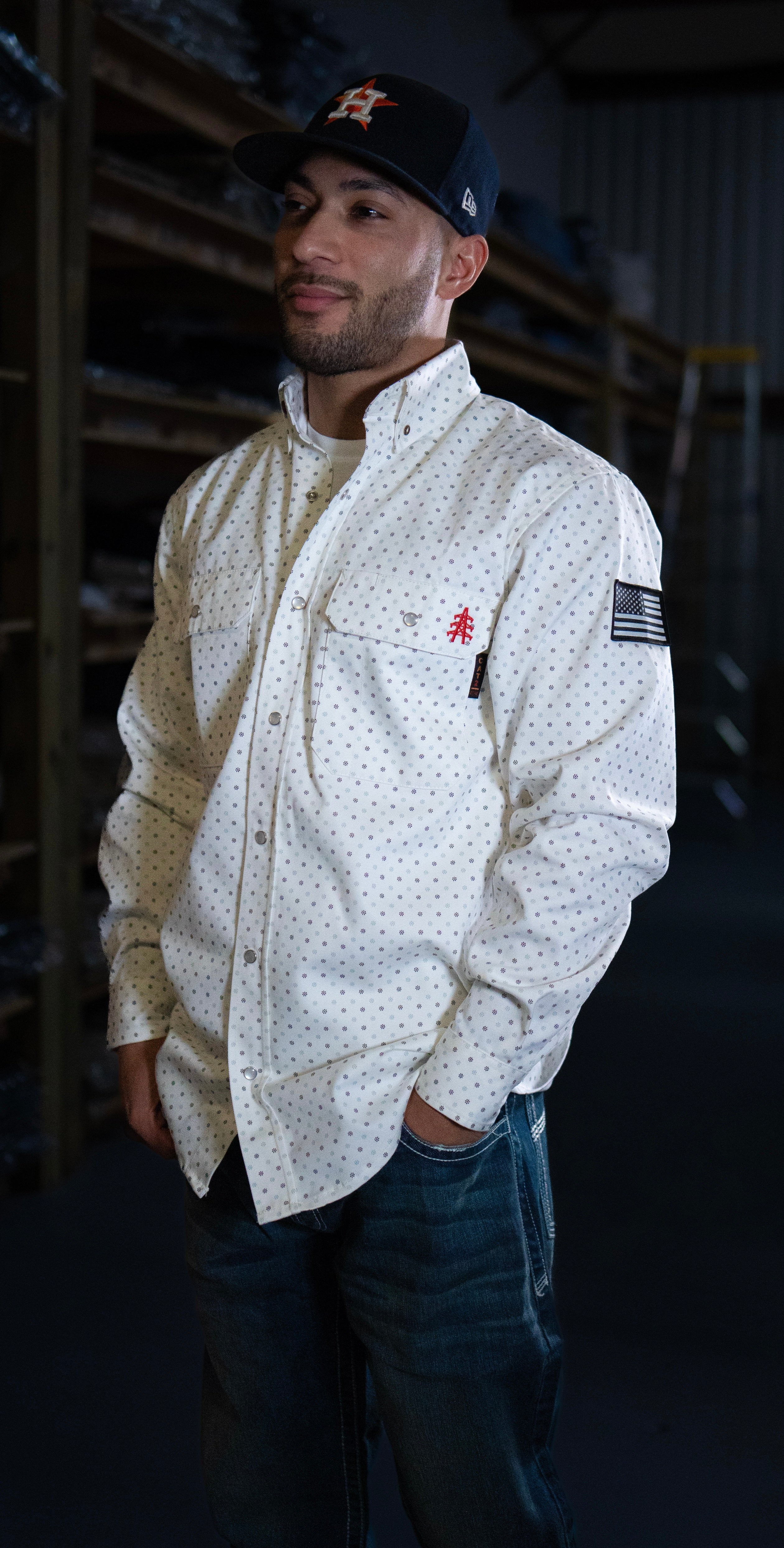 Static FR Flame-Resistant Pearl Snap Work Shirt - Phantom White - With U.S Flag
