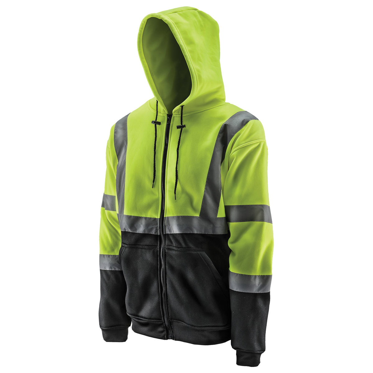 Lift Safety Fleece Hi-Viz Yellow Pro Hoodie with Zipper. Front view with reflective stripes.