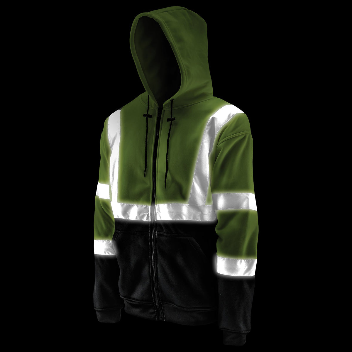 Lift Safety Fleece Hi-Viz Yellow Pro Hoodie with Zipper with reflective stripes front view at night.