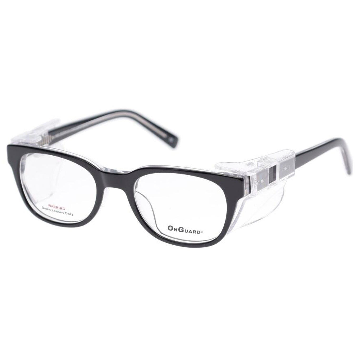 Black OnGuard OG013 full-rim prescription safety glasses with clear side shields, ANSI Z87.1 certified.