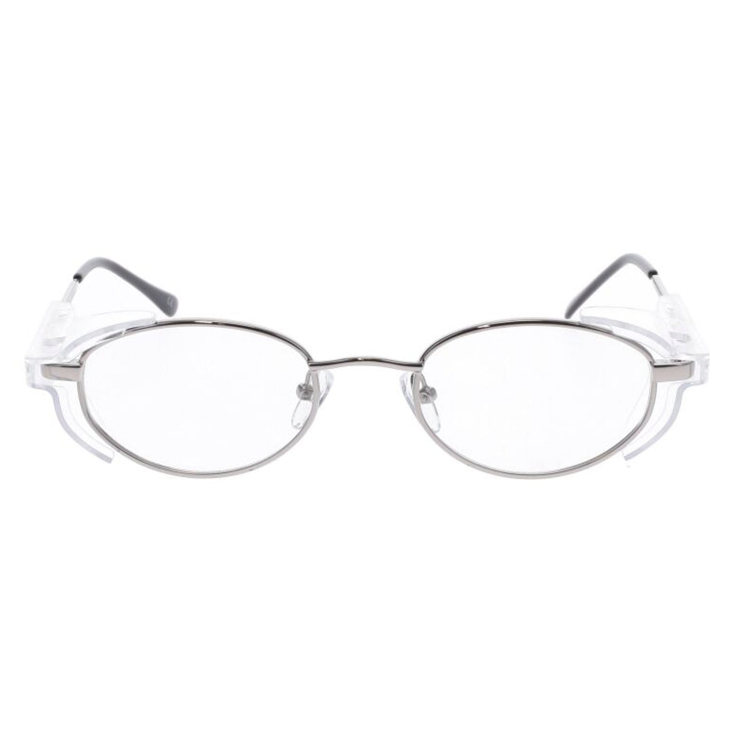 OnGuard OG093EZ prescription safety glasses with a gunmetal full-rim oval frame, clear lenses, and removable side shields, ANSI Z87.1 certified.