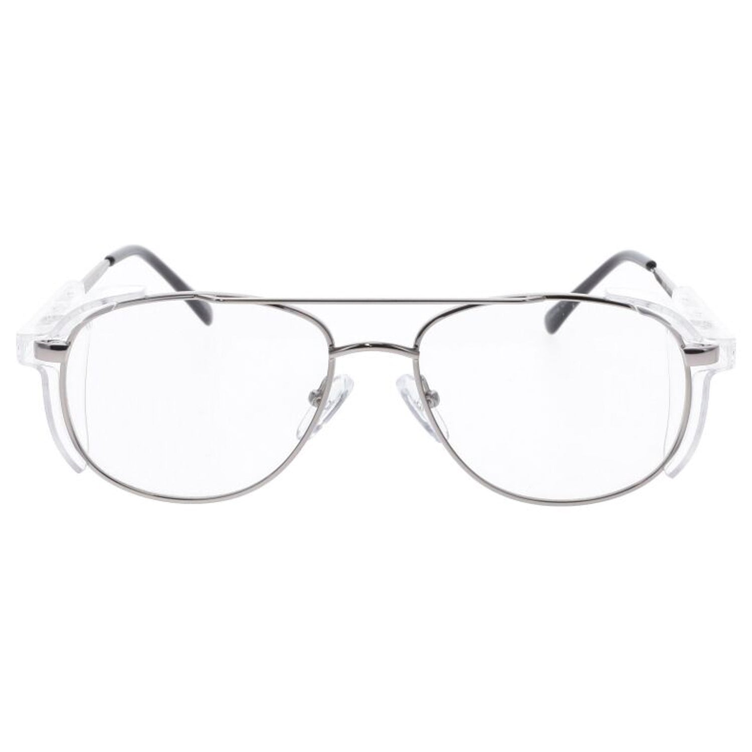 OnGuard OG095EZ prescription safety glasses with a silver full-rim aviator frame, clear lenses, and transparent side shields, ANSI Z87.1 certified.