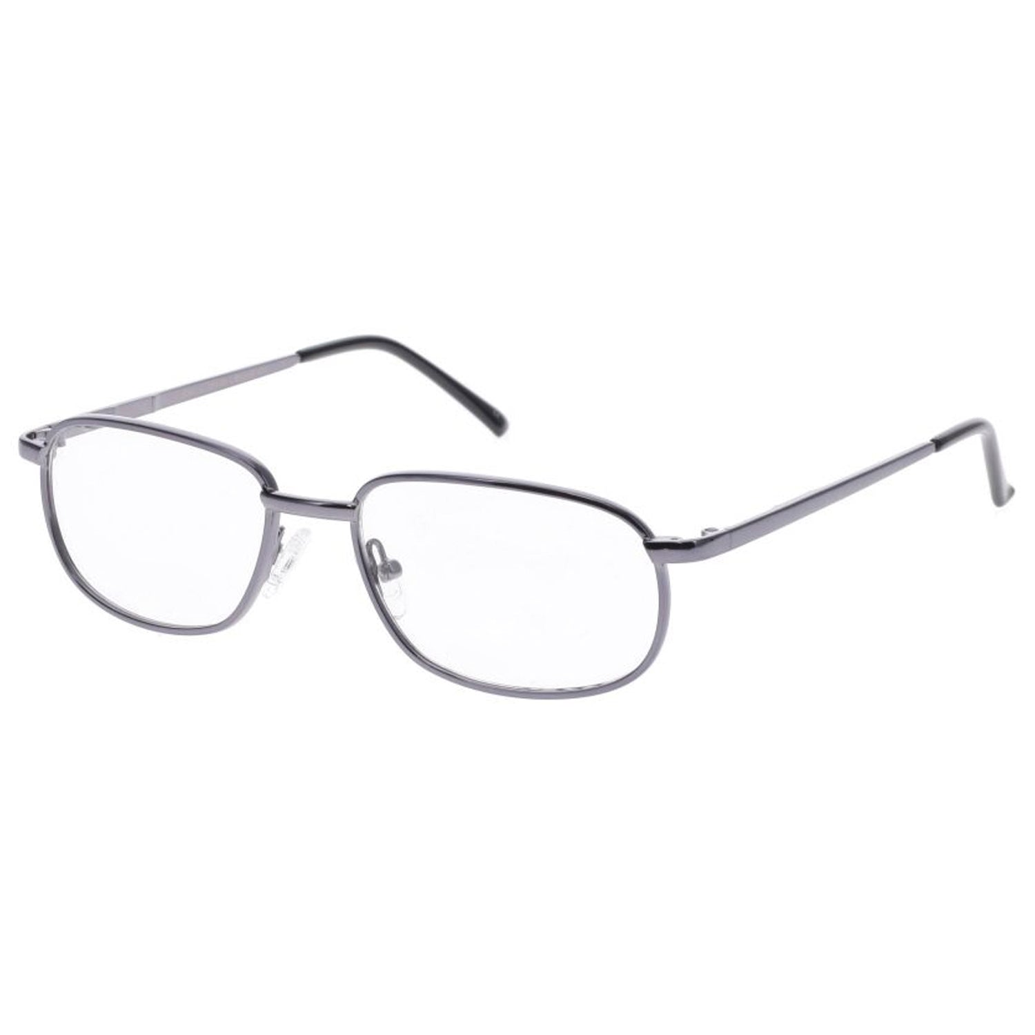 OnGuard OG070EZ Gunmetal prescription safety glasses with rectangular full-rim frame, clear lenses, and ANSI Z87.1 certification.