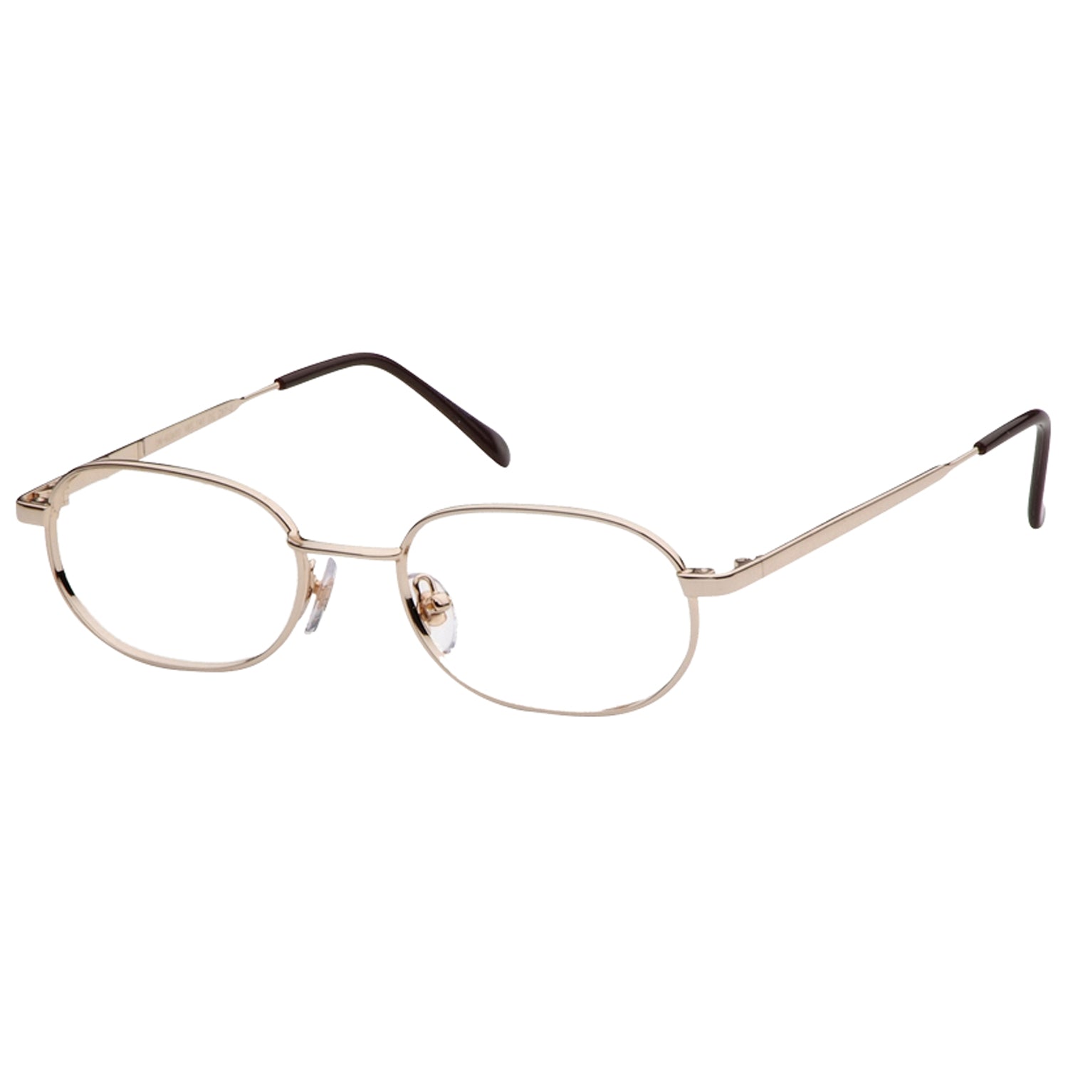 Gold OnGuard OG085EZ prescription safety glasses with a full-rim oval frame, clear lenses, and dark temple tips, ANSI Z87.1 certified.