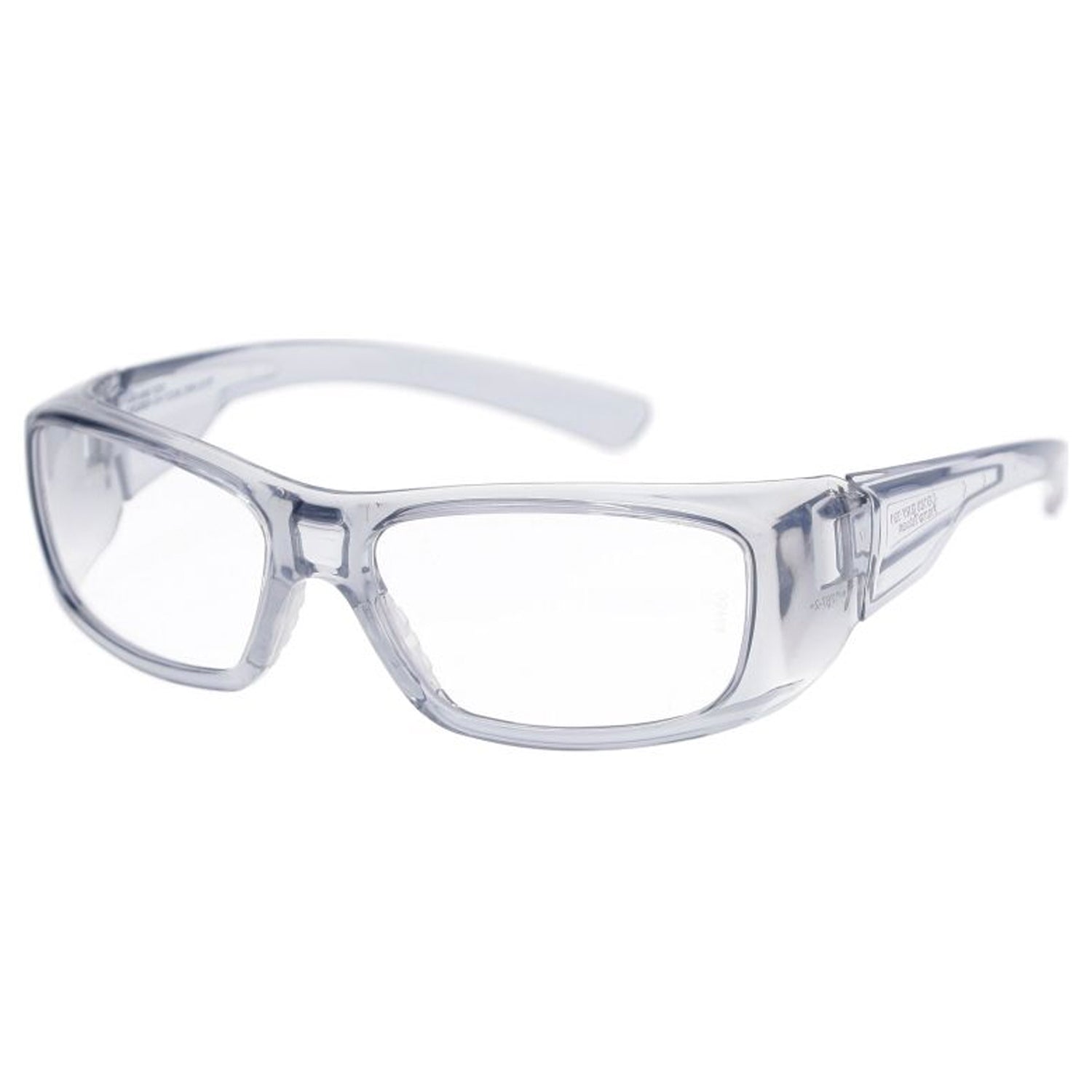 Gray OnGuard OG160S prescription safety glasses with clear lenses, wraparound rectangular frame, and integrated side shields, ANSI Z87.1 certified.