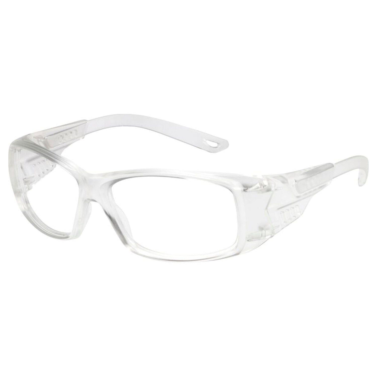 Clear OnGuard OG255S prescription safety glasses with wraparound rectangular frame, integrated side shields, and ANSI Z87.1.