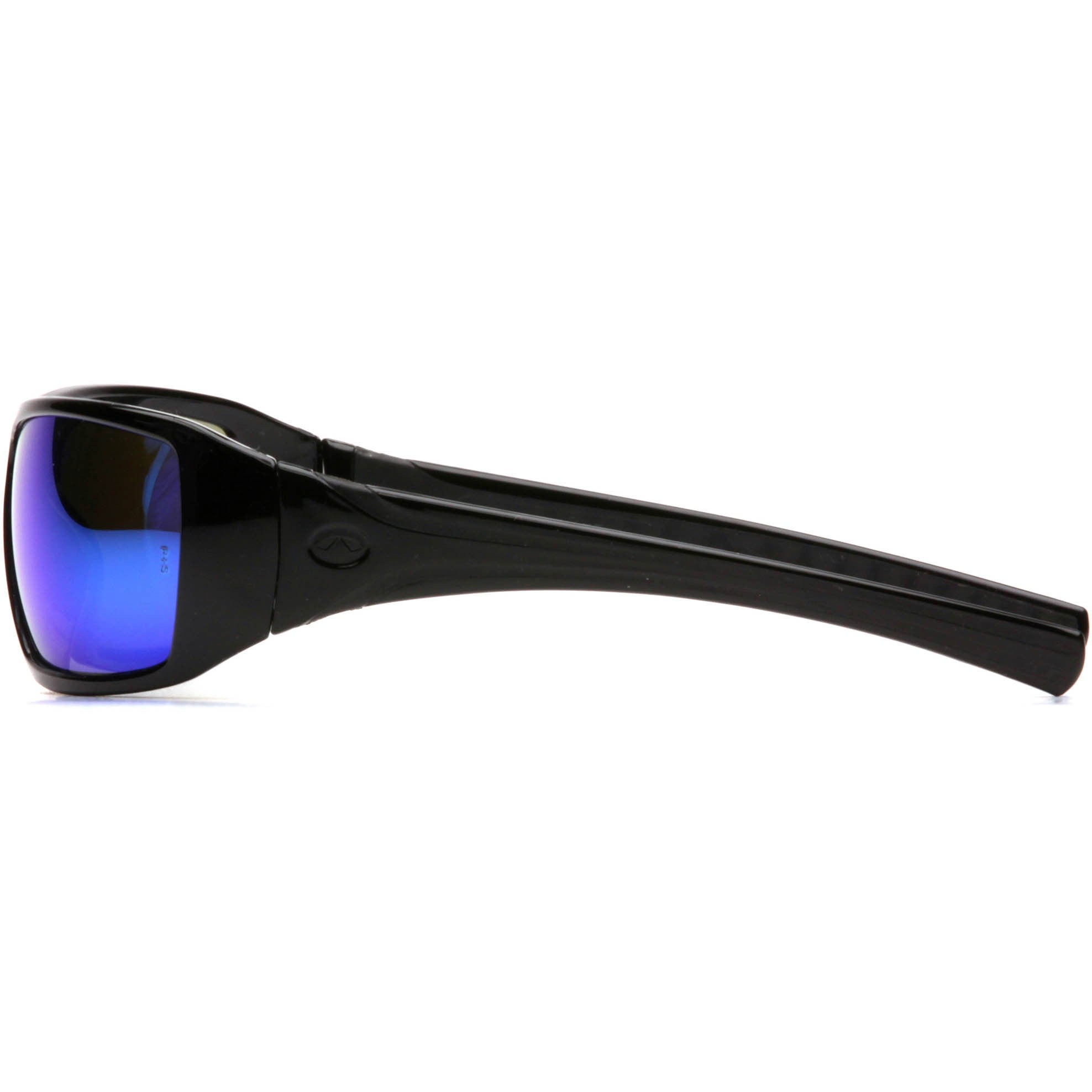 Pyramex SB5665D Goliath Safety Glasses with Black Frame and Ice Blue Mirror Lenses Left Temple View