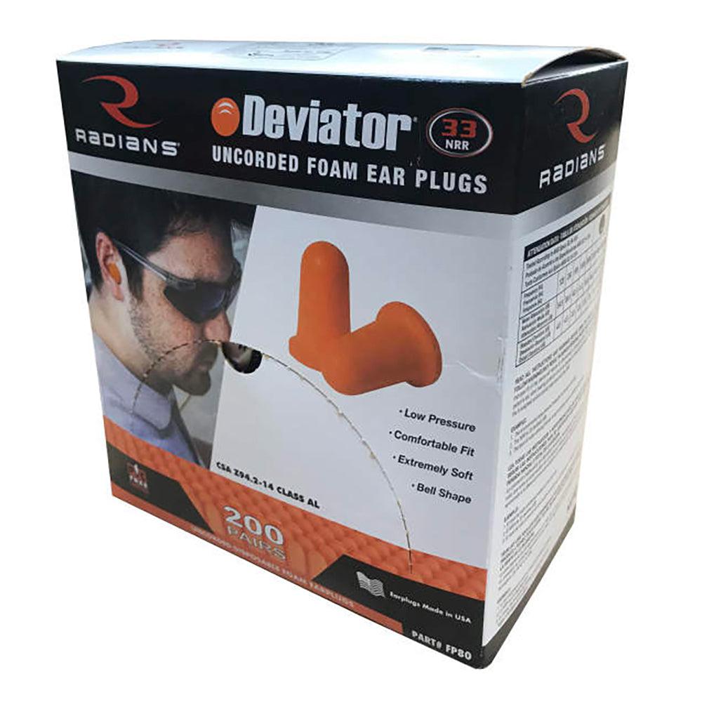 Radians Deviator FP80 Disposable Foam Earplugs Uncorded Box of 200 Made in USA