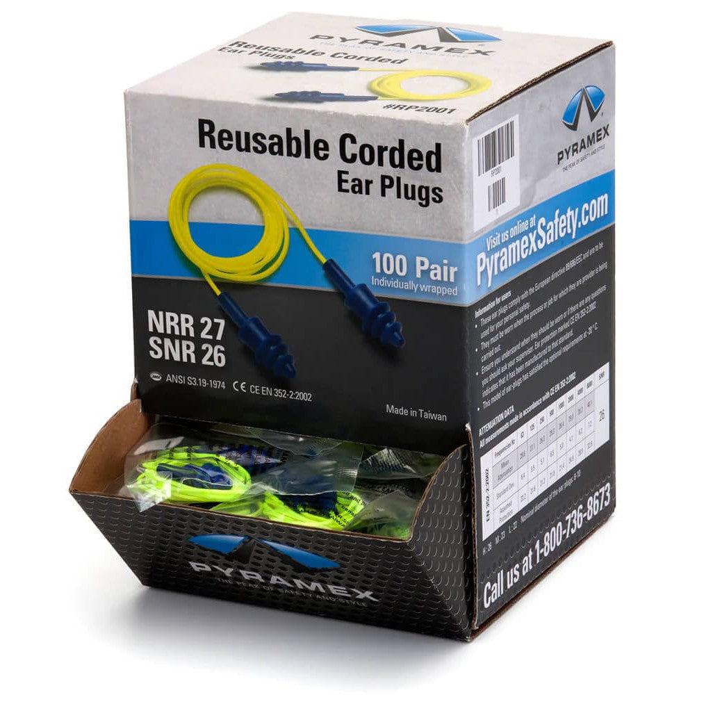 Pyramex RP2001 Reusable Corded Earplugs NRR-26 (100-Pr Box) - in box