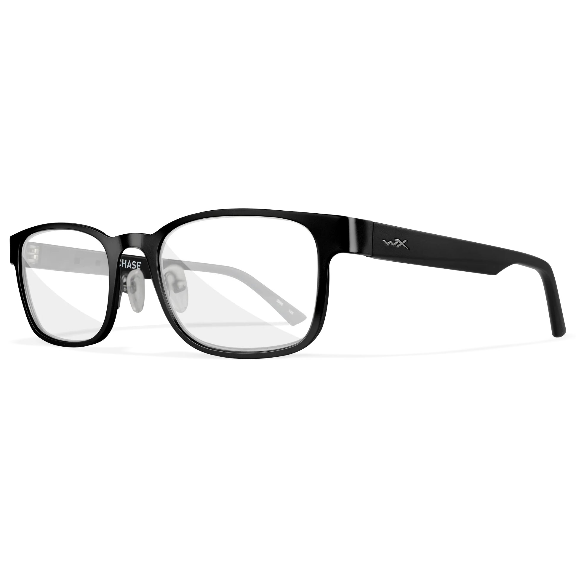 Black Wiley X Chase prescription safety glasses with clear lenses and a sleek, durable Triloid nylon frame.