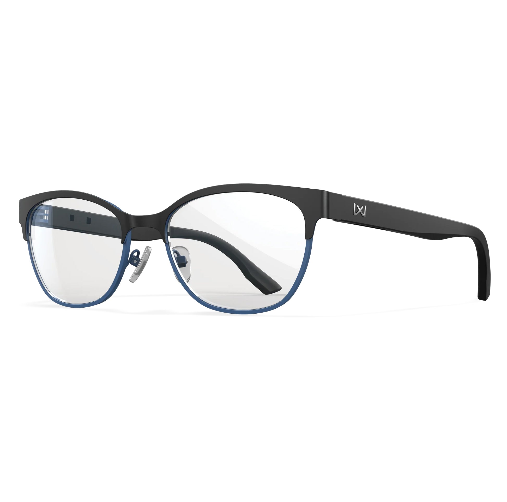 Black and blue Wiley X Harmony prescription safety glasses with clear lenses and a sleek, durable design.