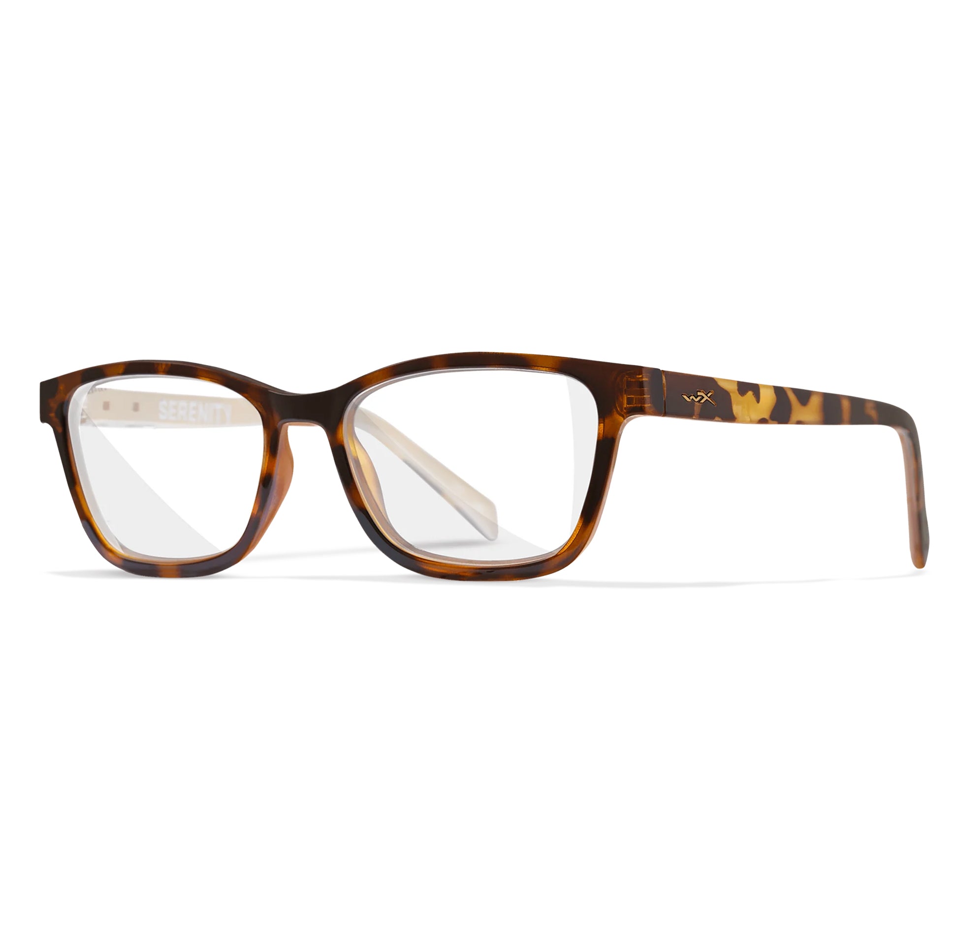 Wiley X Serenity Worksight prescription safety glasses in Brown Demi Champagne with clear lenses.