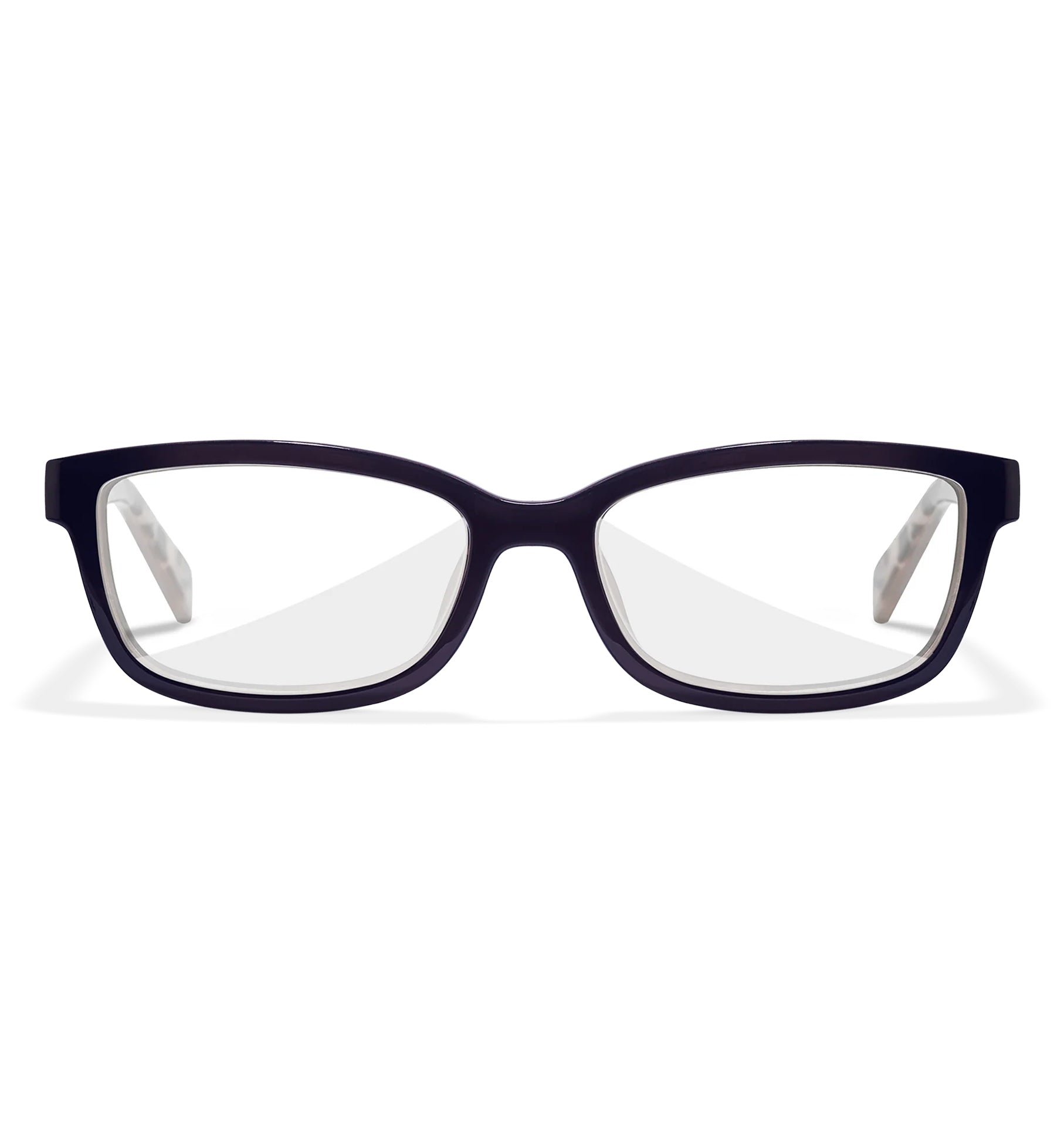 Wiley X Virtue black prescription safety glasses with clear lenses and patterned temples.