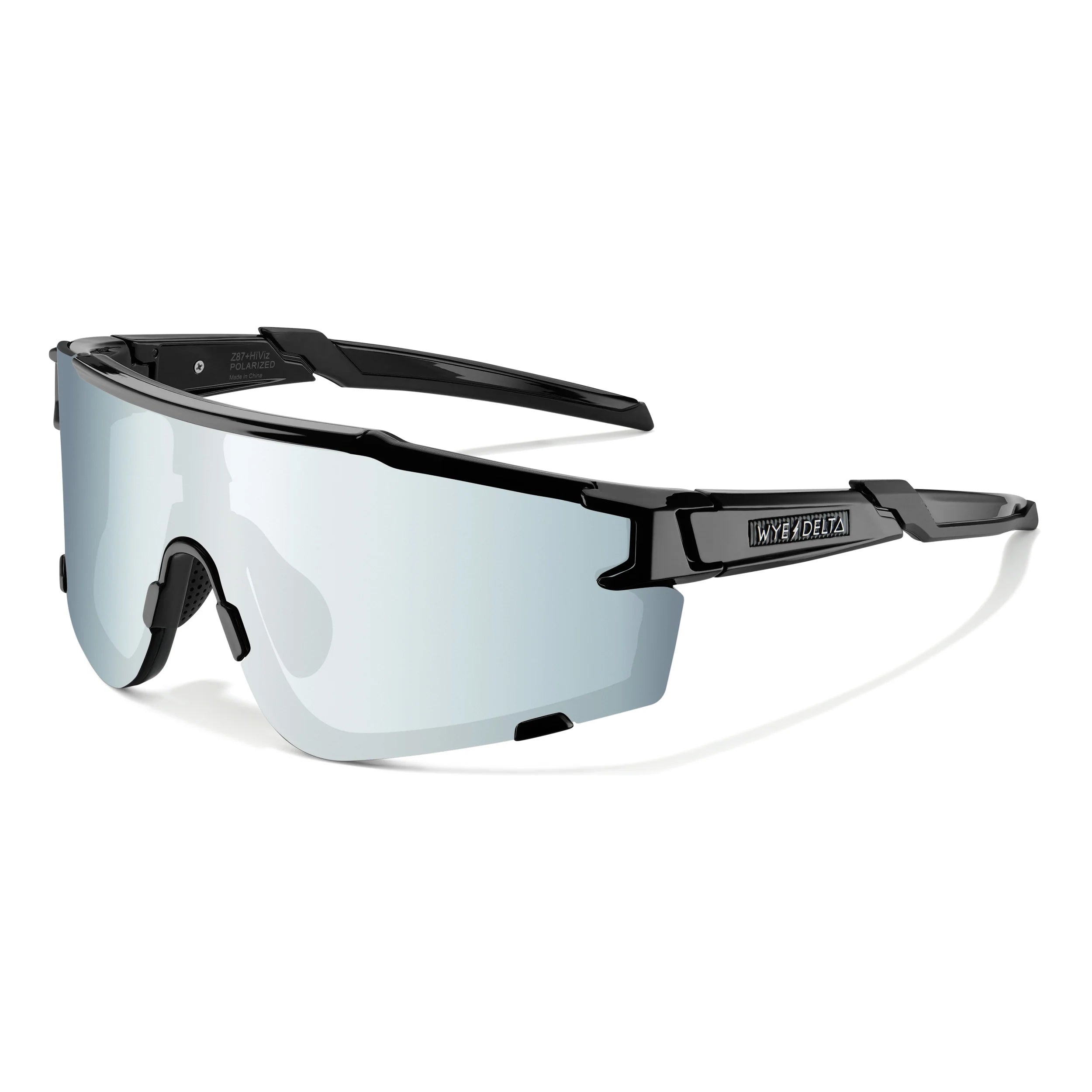 Wye Delta Z87+ safety glasses with black frames and reflective polarized mirror lenses.