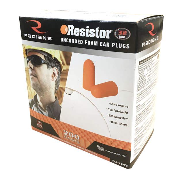 Radians FP70 Resistor Disposable Uncorded Foam Ear Plugs Made in USA Box of 200 pairs