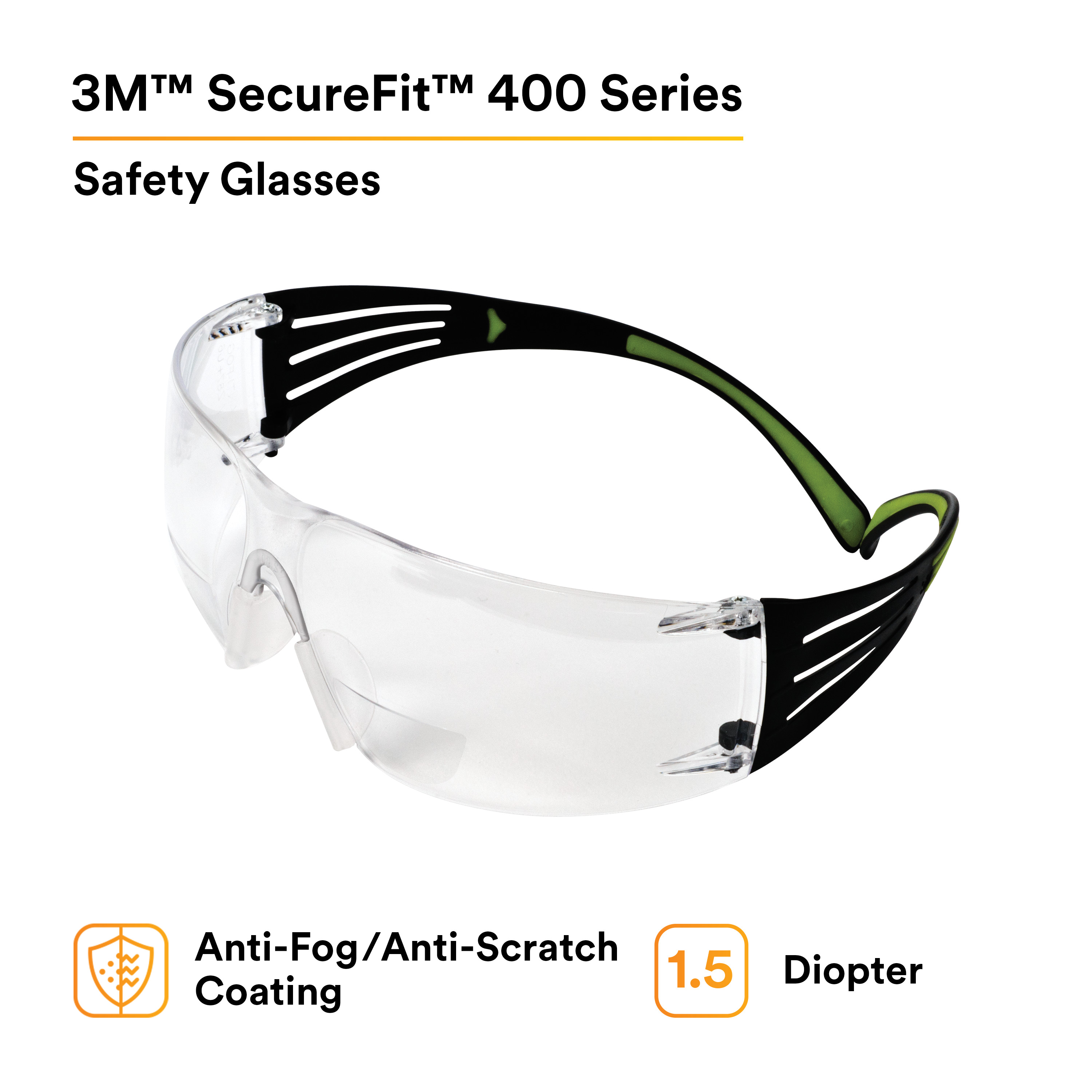 3M SecureFit Bifocal Safety Glasses with Clear Anti-Fog Lenses 