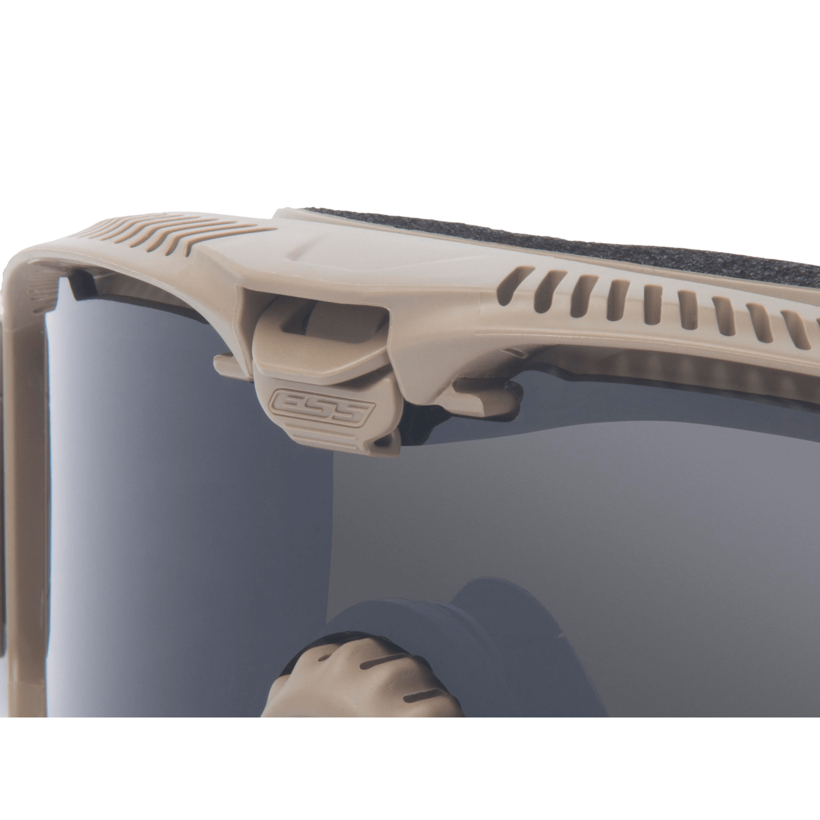 INFLUX TERRAIN TAN W/CLEAR & SMOKE GRAY LENS LOCKING MECHANISM CLOSEUP