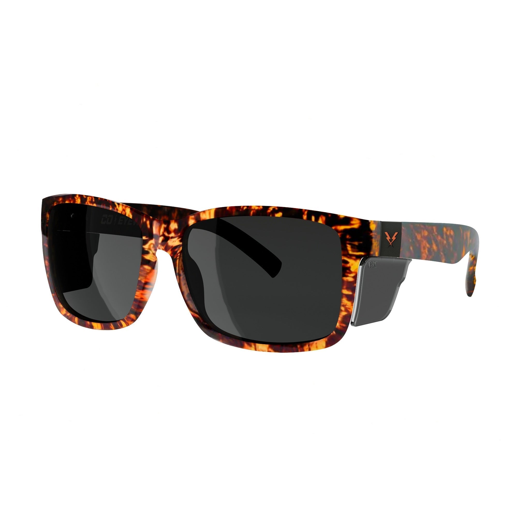 Co Eyewear Oiler XL+ Z87 safety glasses featuring a tortoise shell frame and dark lenses with side shields.