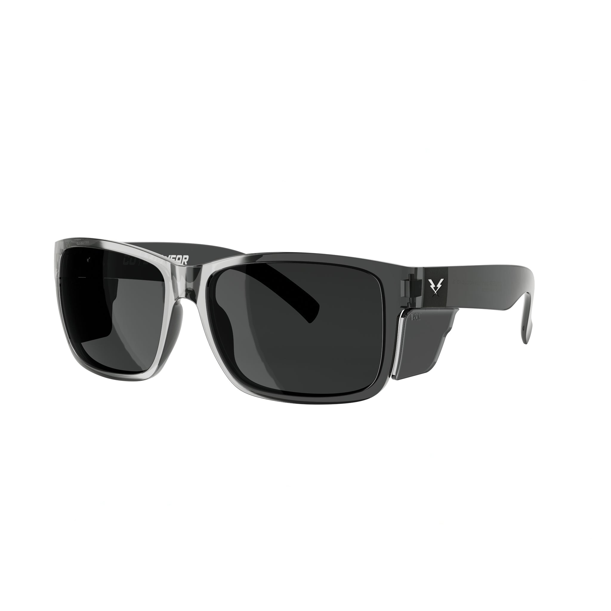 Co Eyewear Oiler Z87+ safety glasses with a matte black frame and dark tinted lenses on a white background.