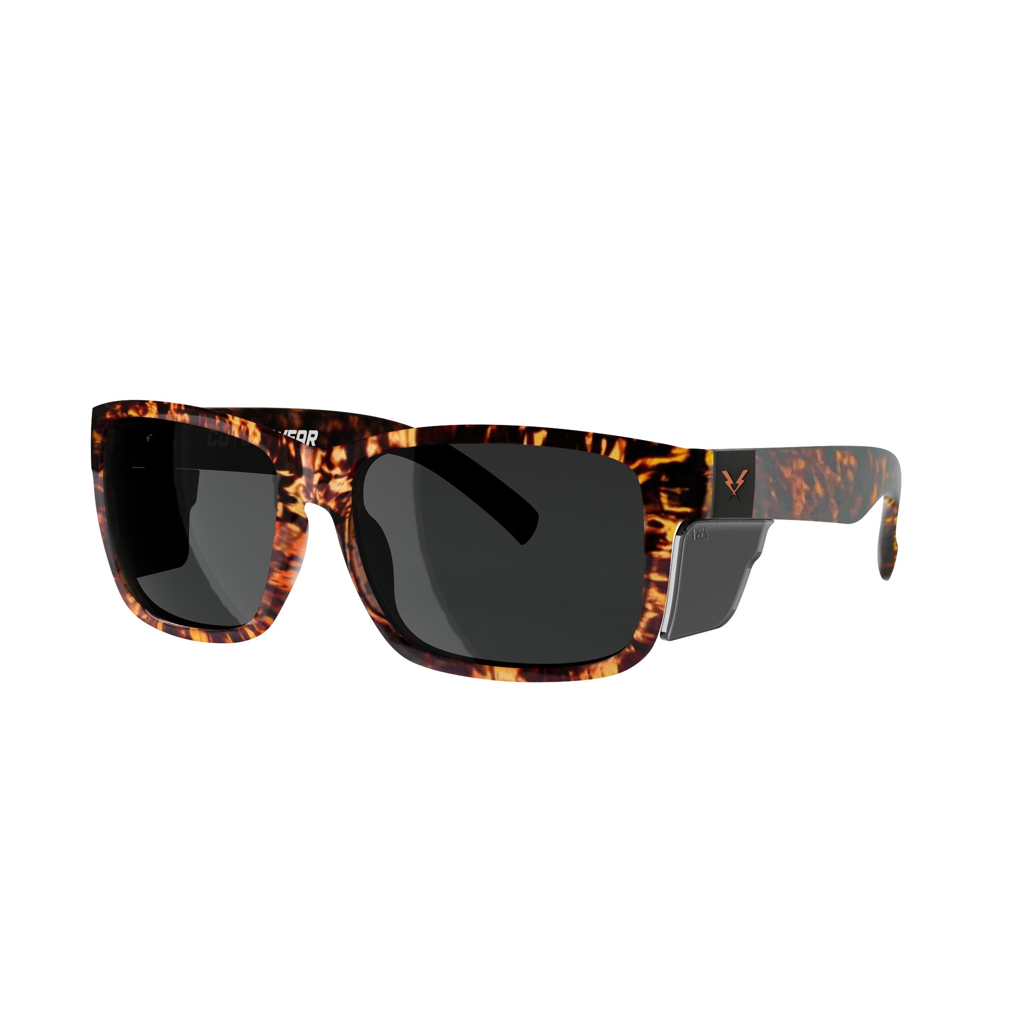Co Eyewear Oiler Z87+ safety glasses featuring a tortoise shell frame, dark lenses, and protective side shields.
