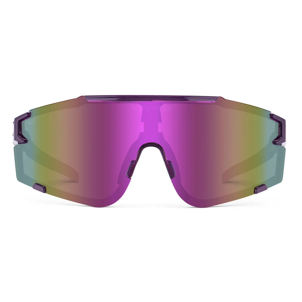 Translucent purple Z87+ safety glasses with a wide, polarized shield lens featuring a vibrant purple and green tint.