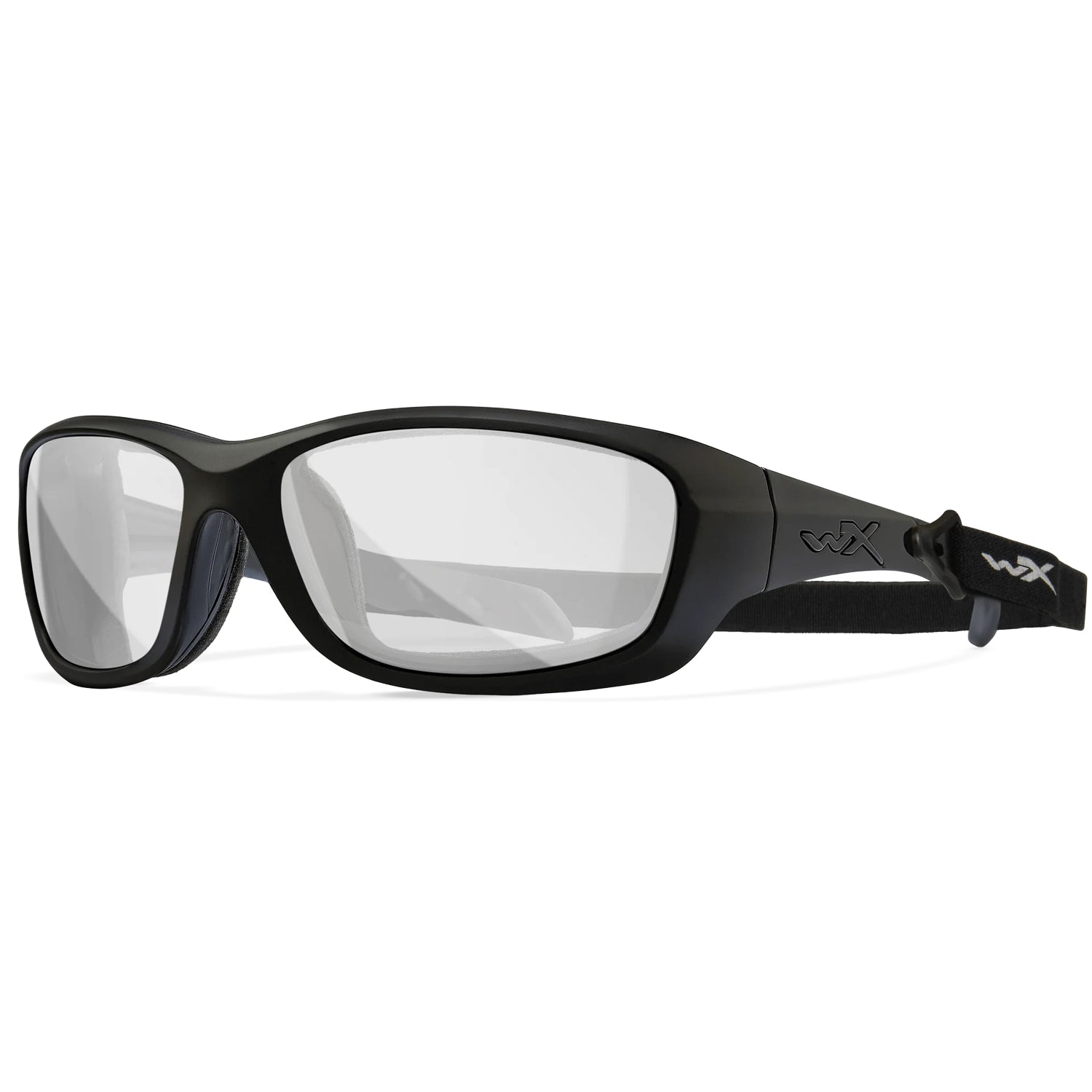 Black Wiley X Gravity prescription safety glasses with clear lenses and a strap, ANSI Z87.1 certified.