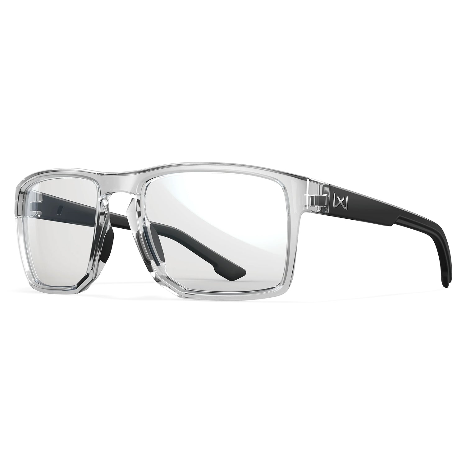 Wiley X Founder Worksight prescription safety glasses with clear frame and black temples.
