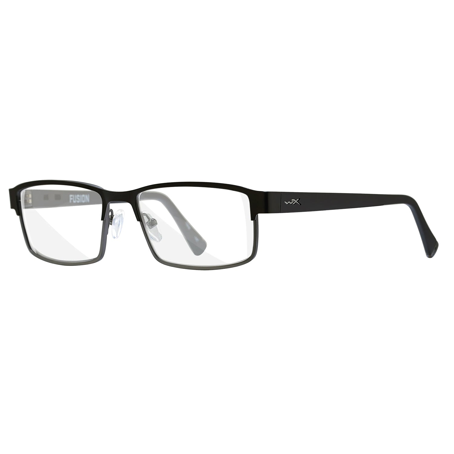 Wiley X Fusion Worksight prescription safety glasses in matte black with clear lenses and removable side shields.