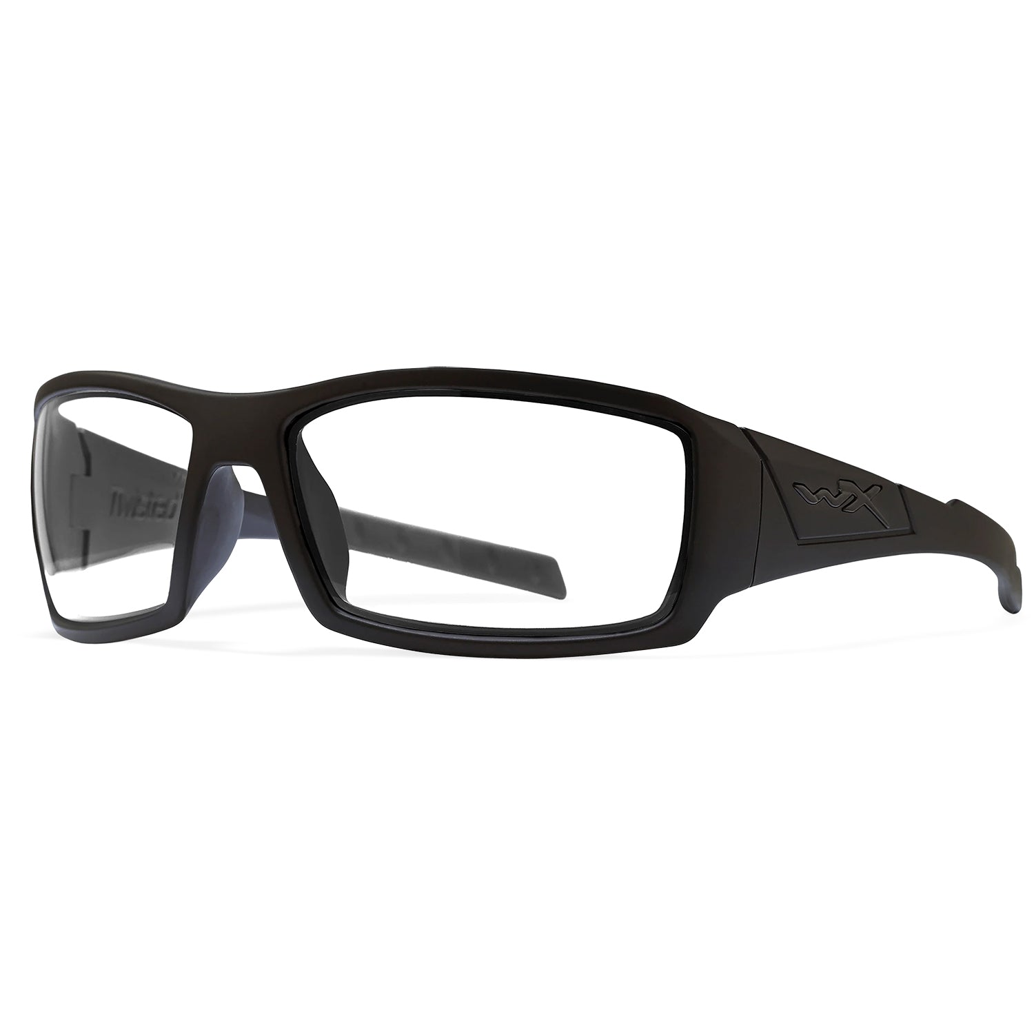 Black Wiley X Twisted Alternative Fit safety glasses with clear lenses and WX logo on temples.