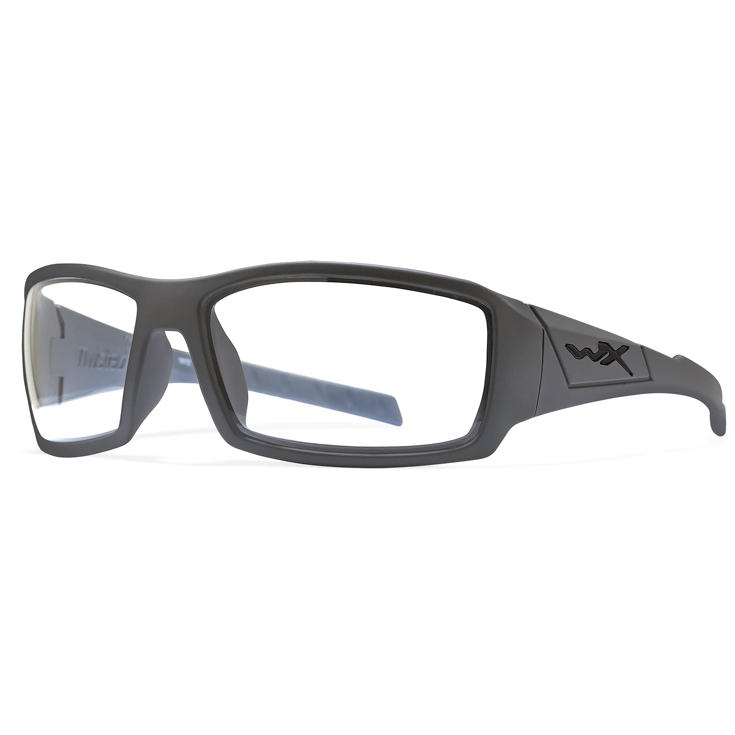 Matte gray Wiley X Twisted prescription safety glasses with clear lenses and WX logo on temple.