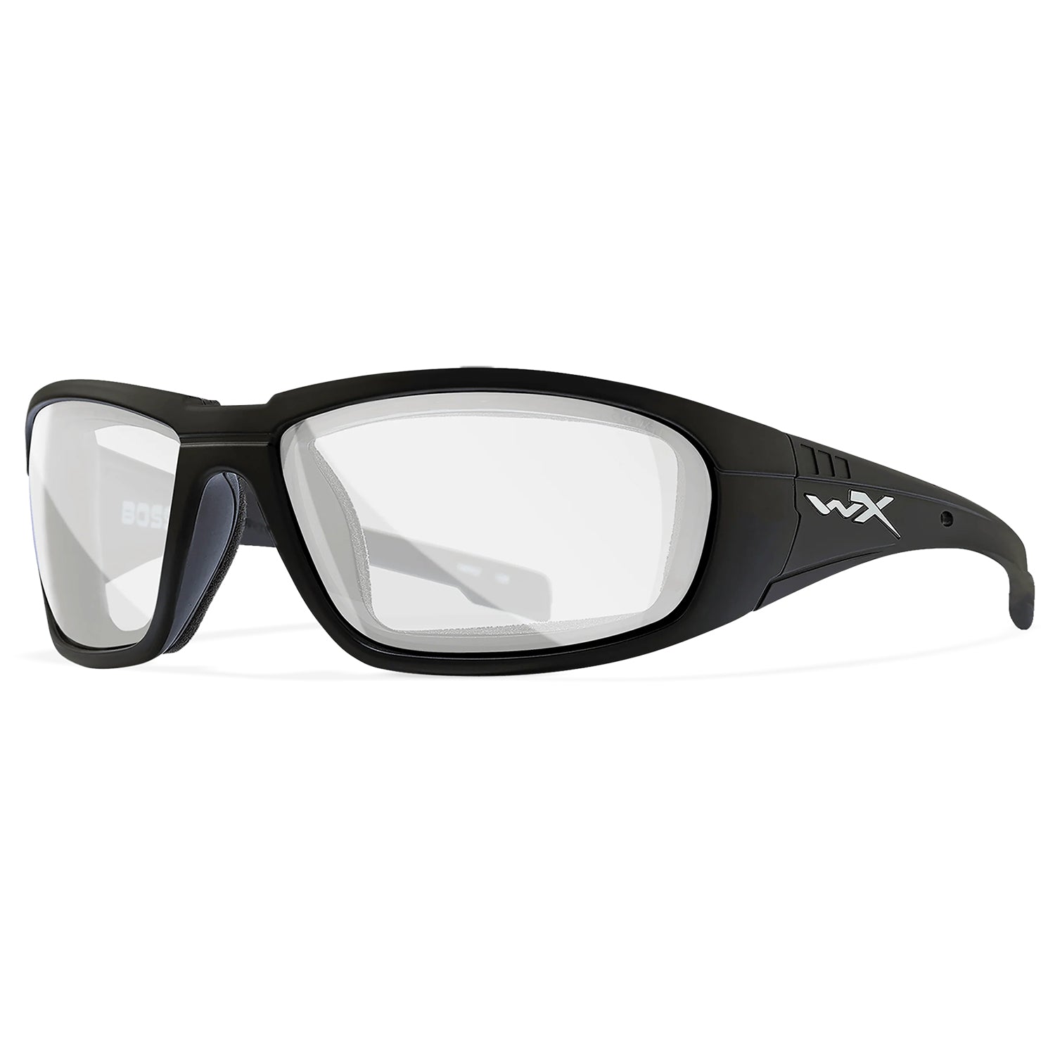 Wiley X Boss matte black safety glasses with clear lenses and a high-wrap frame.