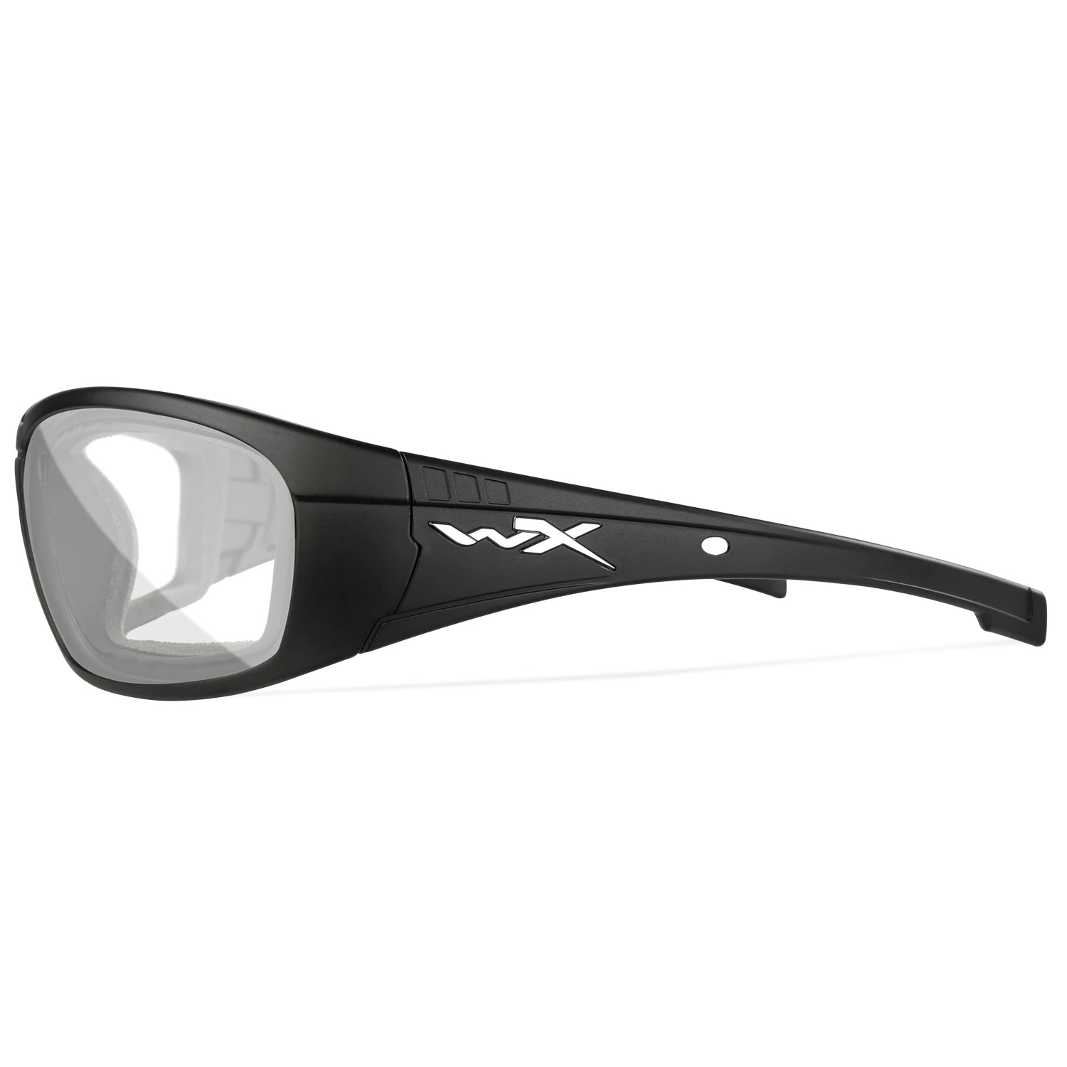 Wiley X Boss prescription safety glasses with matte black frame, clear lenses, and WX logo.