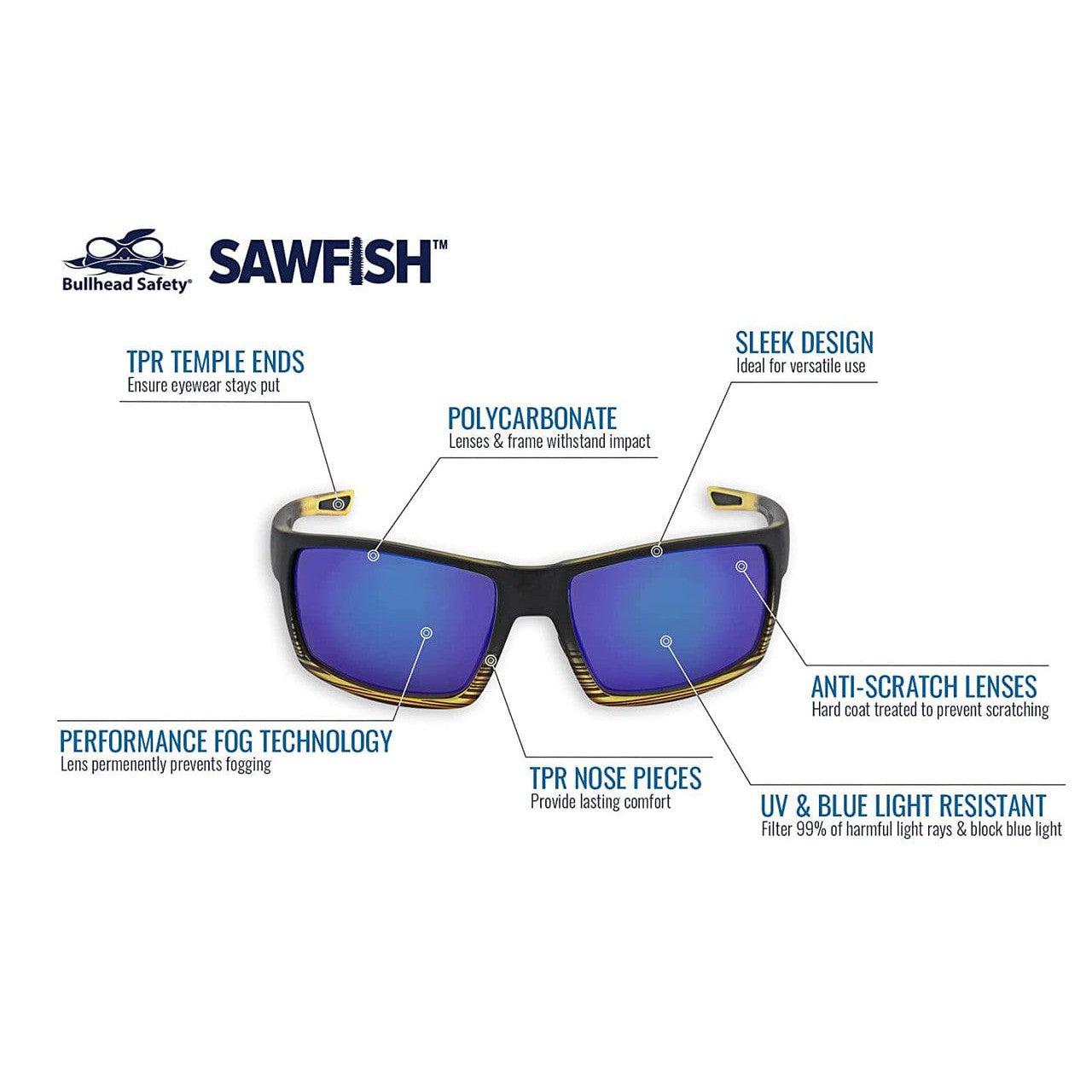 Bullhead Sawfish Safety Glasses Polarized Blue Mirror Anti-Fog Lens BH2679PFT Specs