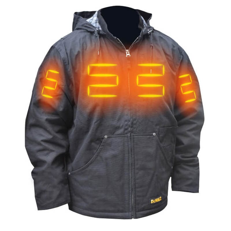 DEWALT DCHJ076ATB  Unisex Heated Heavy Duty Work Coat Without Battery - Front Heat Zones - Shown in Black