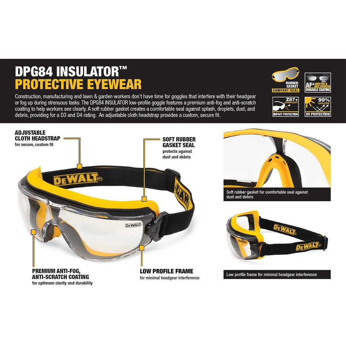 DeWalt DPG84 Insulator Goggle with Clear IQuity Anti-Fog Lens - Info