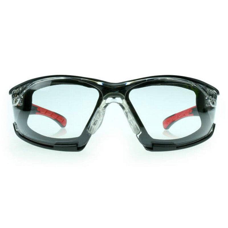 Radians Obliterator Foam-Lined Safety Glasses with Black/Red Frame and Clear IQUITY Anti-Fog Lens - Front View